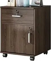 Office Filing Cabinet Wooden 1 Drawer with Lock and Wheels Slide Storage Small Side Cabinet for Office Organization (Brown)