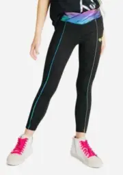 Justice Sport Cross Waistband Piped Active Leggings Black Shiny S (7/8) Logo NEW
