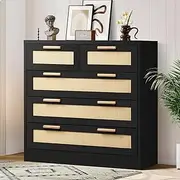 ALFORDSON Rattan Dresser with 5 Drawers Hallway Tallboy, Bedroom Chests of Drawers with Handles, Living Room Side Cabinet Standing Storage Cupboard, Home Furniture Organiser Sideboard, Black Colour