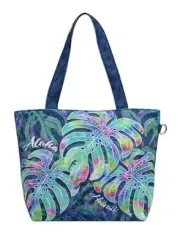 Canvas Beach Tote Blue Monsteras Print Hawaii Shop Bag Handbag Travel Hawaiian