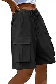 [MEROKEETY] Women's Summer Casual Cargo Shorts Elastic Waist Drawstring Hiking Bermuda Shorts with Pockets