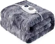 [Warmrest] Electric Blanket Heated Throw Blanket Soft , - 6 Heat Levels Fast Heating, 1 to 10 Hours Auto-Off Detachable Controller Machine Washable Grey