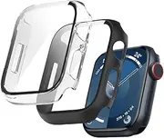 (2 Pack) T Tersely Case Compatible with Apple Watch Series 9 8 7-45mm, Built-in Thin HD Tempered Glass Screen Protector Overall Cover Replacement for iwatch S9/S8/S7 (Black+Clear)