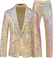 [HEYDHSDC] Men Wedding Sequin Suit 2 Piece Set Gold Singer Dance Party Dress Slim Fit Blazer and Pants