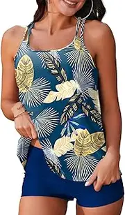 [Mstuming] Flowy Tankini Bathing Suits for Women Tank Top with Boyshorts Two Piece Swimsuit Athletic Swimwear