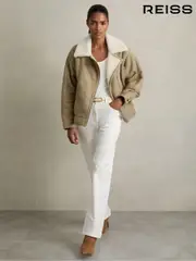 Reiss Light Green Mona Shearling-Lined Leather Aviator Jacket (AB1752) | $2,950