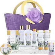 Gifts for Mum, Spa Luxetique Lavender Bath Gift Set for Her, 9pc Deluxe Bath Set for Women, Deluxe Spa Tote Bag with Wooden Handle, Spa Gift Basket for Christmas, Birthday gifts