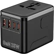 Travel Adapter,25W Universal Power Adaptor with Super Fast Charger 2 Port Type-C and 2 USB-A for Phone,Laptop,Tablet,Worldwide Travel Plug for Type A/C/G/I (USA, Japan, UK, EU, AUS) (Black)