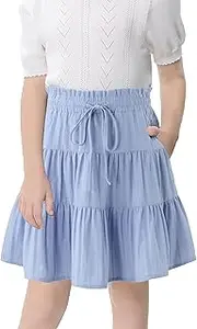 [Kukume] Girls Skirt High Waist Tiered Ruffle Knee Length Midi Skirt with Drawstring and Pockets for 4-13Y