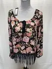 Romeo & Juliet Couture Womens Medium Pink Black Floral Fringe LS Blouse Crop Top