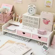 Two-Tiers Computer Desk Organizer Monitor Stand Desktop Printer Stand，Office Supply for Computer, PC, Laptop, Printer, Notebook, iMac，Desk Drawer Storage Organizer with Storage Design Pink