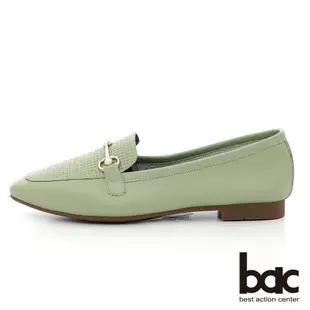 【bac】時髦小方頭編織金屬珍珠飾釦平底鞋-綠