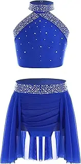 [inhzoy] Kids Girls Ballet Dance Costume Outfit Sparkly Rhinestones Cross Back Crop Tank Top with Skirt Set