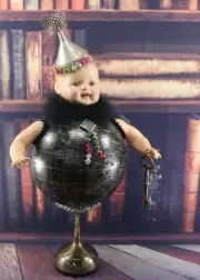 Party Girl Vintage World Globe Doll Mixed Media Folk Art by Kindred Spirits