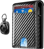 [QLD] Minimalist Wallet for Men - Slim RFID Blocking Bifold Credit Card Holder Leather Pop Up Wallet Aluminum Case with Cash Slot, Front Pocket with ID Window, Gift Boxed, Carbon Fiber - With Airtag