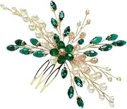 [Generic] Green Crystal Emerald Gold Hair Comb for Wedding Brides Bridesmaid Hair Accessory for Women and Girls Ball Prom Party (Green, One size)