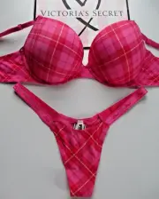 VICTORIA'S SECRET PINK Super Push-Up Bra and Thong Panty Set VS Pink Red Plaid