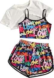 [Verdusa] Girl's 3 Piece Mesh High Low Hem Tee Letter Graphic Cami Top and Shorts