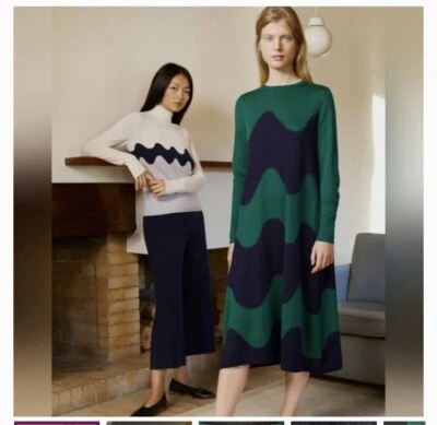 Uniqlo Marimekko Women’s Blue Green Waves Merino Wool Jumper Dress XL