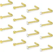 [Hoeudjo] Nose Studs Surgical Steel Cubic Zirconia Nose Rings Kit for Women Men 2mm Nose Stud Screw & Bone & L Shaped Nostril Rings Piercing Jewelry 22 Gauge 16 Pieces