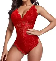 [XINSHIDE] Sexy Lingerie for Women One Piece Bodysuit Criss Cross Backless Floral Lace with Deep V Neck Strappy Teddy Babydolls Red, Red, Small