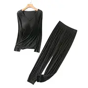 Women's Pajamas Comfort Pure Color Ruched T Shirt Pant Home Daily Bed Long Sleeve V Neck Black Light Grey Light Blue Fall