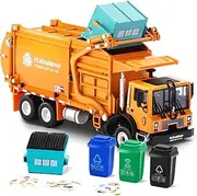 Garbage Truck Toy Model, 1:43 Scale Metal Diecast Recycling Clean Trash Garbage Rubbish Waste Transport Truck Alloy Model Mold Car Toy with Garbage Cans for Kids Toddlers Birthday Party(Orange)