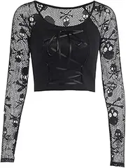 [XKBHYD] Women Goth Crop Tops Long Sleeve Long Sleeve Skull Mesh T-Shirt Crewneck Grunge Punk Alt Shirt Gothic Emo Tops
