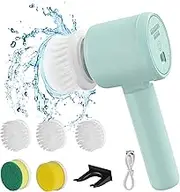 Electric Spin Scrubber,Cleaning Brush with 5 Replaceable Brush Heads,Rechargeable Bathroom Scrubber Portable Shower Scrubber for Bathroom, Kitchen, Wall, Oven, Dish, Tile, Tub, Floor,Glass(Green)