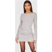 Grey Brushed Rib Tie Waist Detail Bodycon Dress, Grey