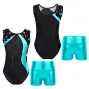 Kids Girls Sleeveless Printed Patchwork Leotard with Metallic High Waist Shorts Sets for Dancing Skating Gymnastics Jumpsuit lake green 7-8 Years