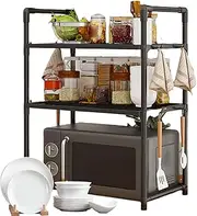 Microwave Oven Rack - Microwave Shelf | Countertop Organizing Rack | Adjustable Over Microwave Oven Shelf Storage Organiser Stand Utensil Holder Counter Shelf and Organizer with Hooks for Kitchen