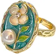 [OIDIMS] Fashion Enamel Flower Pearl Open Rings For Women 14k Gold Plated Vintage Floral Leaf Unique Finger Band Stackable Wedding Ring Adjustable Cocktail Party Statement Jewelry Gifts Mother Day Birthday,