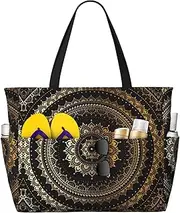 [Ghjkfbf] Mandala Print Large Capacity Beach Travel Bag For Family, Beach Tote Bag For Women With Zipper Pockets, Black, One Size