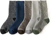 [Generic] Men's Merino Wool Crew Socks, 5 Pairs, Winter Thick Warm, Hiking, Playing in Snow, Warm and Cozy, Assorted Colors, Black, Navy Blue, Brown, Light Gray, Olive Green, One Size