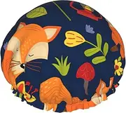 Cute Animal Fox Flower Print Various Activities Shower Cap Reusable Soft And Lightweight Bath Hair Cap Long Hair