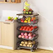 Fruit Basket Kitchen Pantry Organizers and Storage - Wooden Top Table, Stackable Metal Wire Basket Stand Cart for Fruit Vegetable Snacks Jars Bins Containers Organization, Black