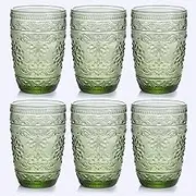 abrwyy 6Pcs 14OZ Drinking Glasses, Green Drinking Glasses, Colored Glassware Drinking, Highball Beverage Glasses Cup, Vintage Glassware Set for Water, Juice, Cocktail, Coffee