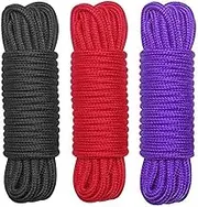 Evealyn Soft Rope Cord,Soft Cotton Rope 3 Pack 10 M/33 Feet 8 MM Solid Braided Twisted Ropes Cotton Rope Craft Rope (Black Red Purple)
