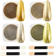 Chrome Nail Powder, 4 Colors Gold Series Nail Chrome Powder - Mirror Effect Metallic Glitter Kit for Nail Art Decoration, Resin Craft etc. (1g/Jar)
