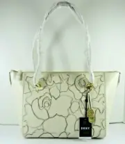 DKNY Large Tote Shoulder Bag Sara Zip Ivory Leather Stitched Floral Gold Charm