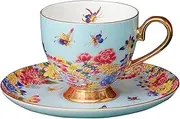 [fanquare] Colorful Fine Bone China Coffee Cup and Saucer Set with Spoon, Flower Butterfly Tea Cup, Blue