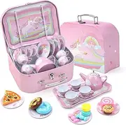 24 Piece Unicorn Pretend Tin Teapot Set with a Carrying Case & Desserts for Tea Time Party and Kids Kitchen Pretend Play