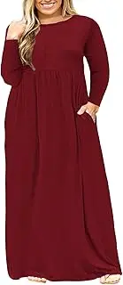 [Nemidor] Women Long Sleeve Loose Plain Casual Plus Size Long Maxi Dress with Pockets (26, Wine+Sleeve)