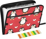 Quteprint 13 Pockets Expanding File Folder with Zipper Closure, Cute Penguins Hearts Accordion File Folder with Sticky Labels, Letter Size A4 Papers Expandable File Document Organizer