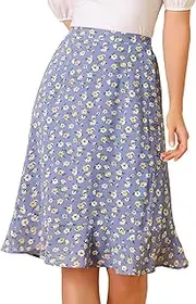 [Allegra K] Women's Floral Ruffle Hem Elastic Back Button Split Midi Skirt