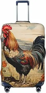 [CADREWY] Rooster on Wood in Farmland Print Travel Suitcase Cover Luggage Protector with Elastic Anti Scratch for Carry On, Black, Large