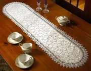 Flower Bow Embroidered Lace Vintage Design Table Runner 14" x 54" Color White