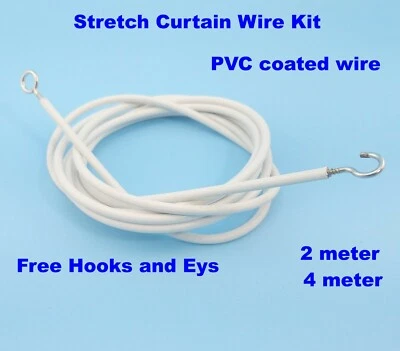 2M & 4M Stretch Curtain Wire Kit Blind Cord Stretchy Spring FREE Eyes & Hooks