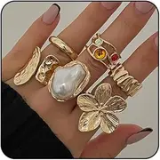[VRNGI] 6PCS Chunky Gold Rings for Women Stackable Silver Rings Set Baroque Pearl Flower Rings for Women Knuckle Ring Chunky Jewelry